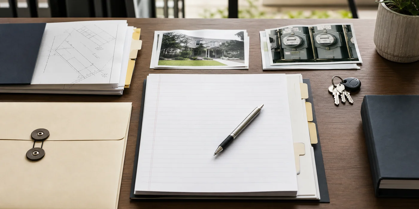 Illustration of documents and keys on a property planning desk